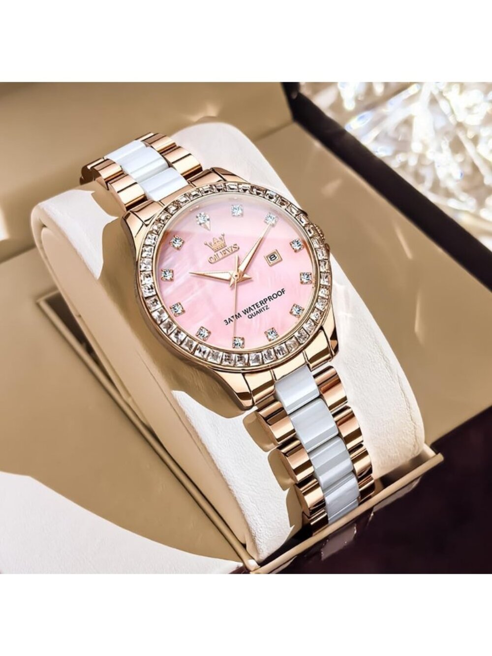 Women's Gold/Pink Ceramic and Stainless Steel Bracelet Mother of Pearl Watches - Picture 2 of 6